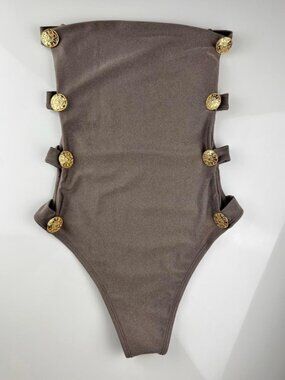 Dark Taupe Strapless One Piece Swimsuit Gold Button Cutout Brazilian